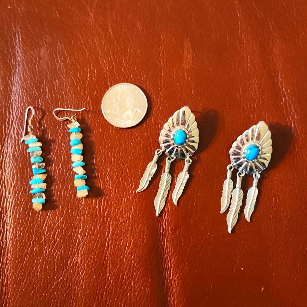 Lot of 2 Vintage Turquoise Pierced Earings Feathers and Tubular